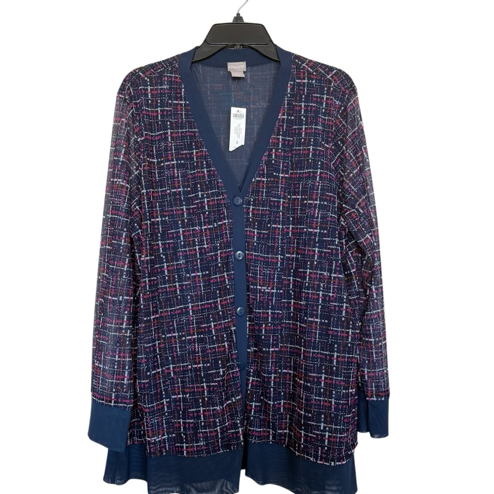 Chico’s Women’s Sz 3(XL) Tweed Mesh Long Sleeve Cardigan Classic Navy NWT